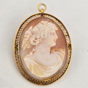 Antique 10K Gold Shell Cameo Brooch Pendant Filigree Victorian Hand Carved 11.9g